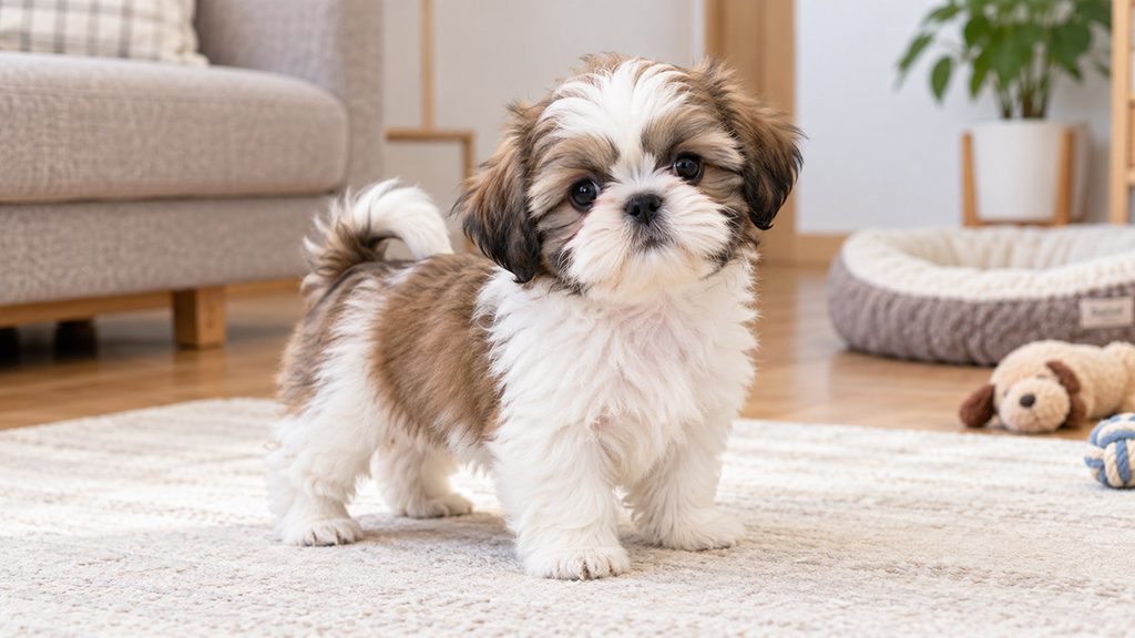 シーズーの子犬が室内でこちらを見ている全身の様子
