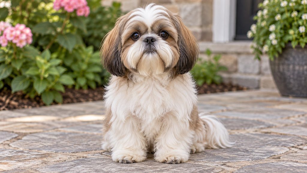 シーズーの成犬が正面を向いて座っている全身の様子