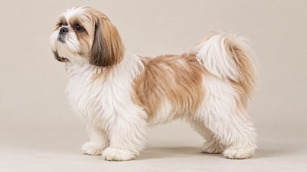 金色と白のシーズーの成犬が立っている全身の横姿