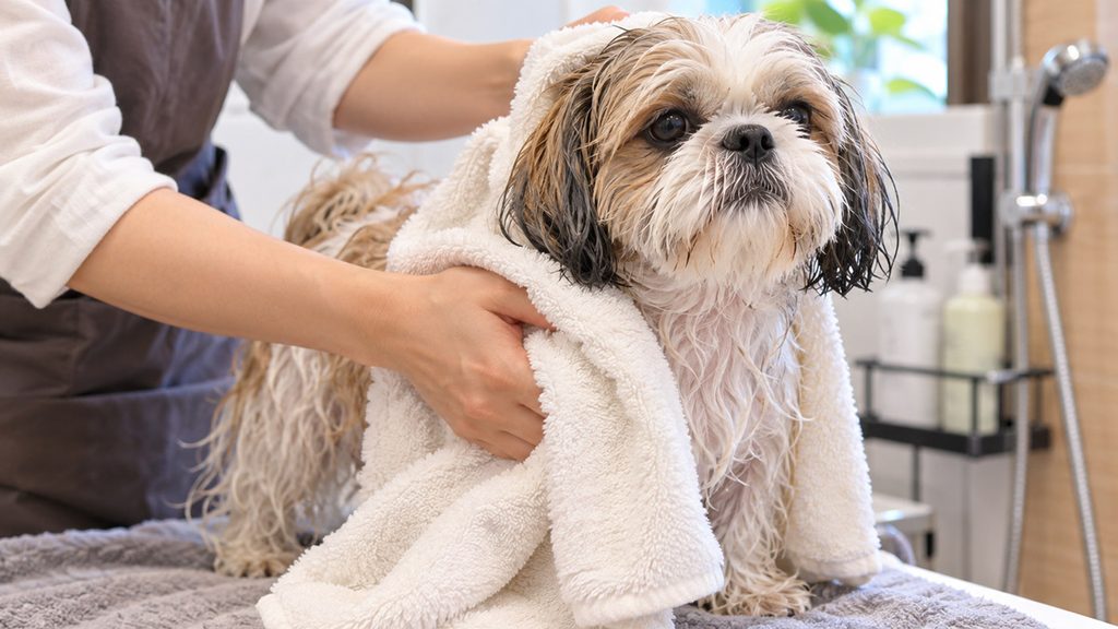 シャンプー後のシーズーの成犬をタオルで拭いている様子