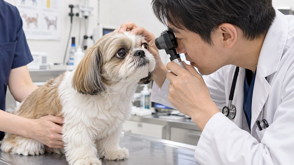 動物病院の診察台でシーズーの成犬が獣医師に目を診てもらっている様子