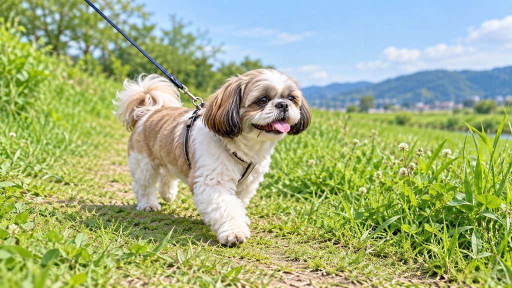 シーズーの成犬が草の生えた道を散歩している全身の様子